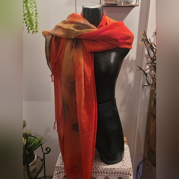 Orange and Green Floral Print Fringed Scarf - Picture 2 of 3